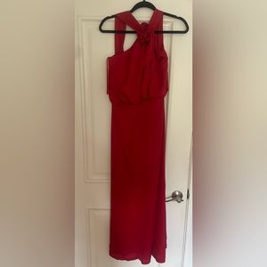 Red Satin Floor Length Gown with Rose Detail